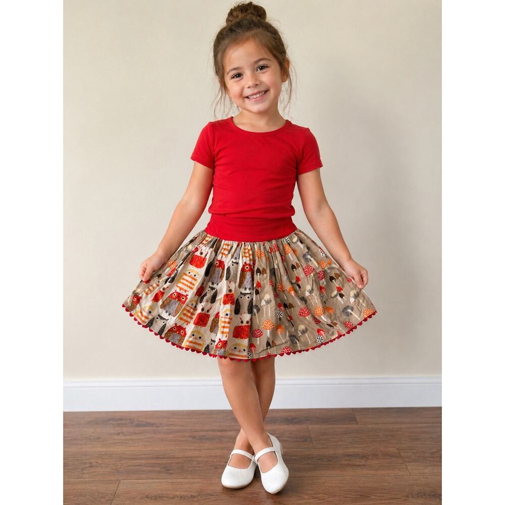 Whimsical Woodland Owl & Mushroom Print Red Skirt